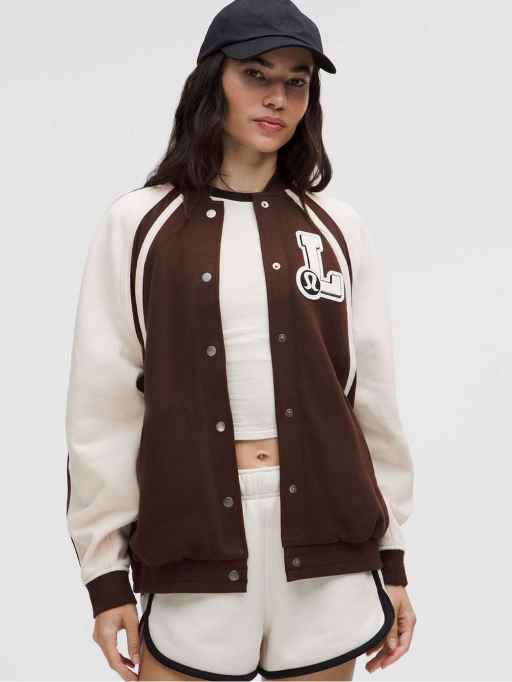 lululemon athletica Brown Cream Bomber Jacket collegiate cool fall essentials